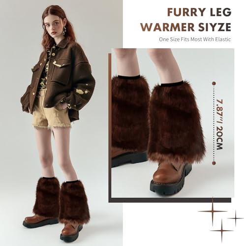 Barelove Women's Faux Fur Leg Warmers, Plush Soft Furry Fluffy Winter Long Boot Cuff Wrist Covers Boots Sleeves (Brown, 7.9“)2