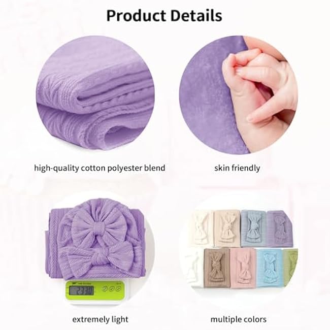 Golener Muslin Swaddle Blankets,Sleepea Swaddle with Bow Headbands, Hats Set and Newborn Name Announcement Card, Stretchy Baby Blankets for Girls and Boys Unisex, Perfect for Newborn Photos (Purple)