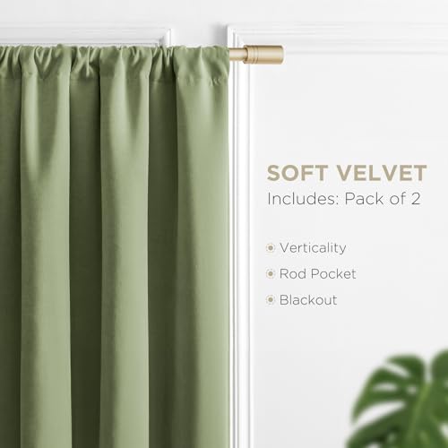 Image of Joydeco Coconut Green Velvet Curtains 90 Inch Curtains 2 Panels Set, Thermal Insulated Room Darkening Curtains for Bedroom Living Room, Soft Luxury Curtains Rod Pocket, 52W x 90L