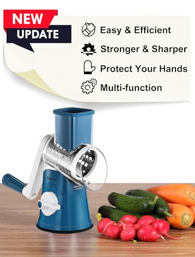 Image of Geedel Rotary Cheese Grater Cheese Shredder - Upgraded 5-in-1 Cheese Grater with Handle and Strong Suction Base, Multi-purpose Vegetable Slicer Ice Shaver Nuts Grinder for Cheese, Vegetables, Ice