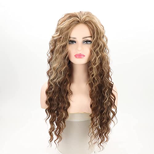 Fencca Brown Highlights Long Curly Wigs For Women Heat Resistant Synthetic Hair Brown Mixed Blonde Wave Curly Wig #TOP1