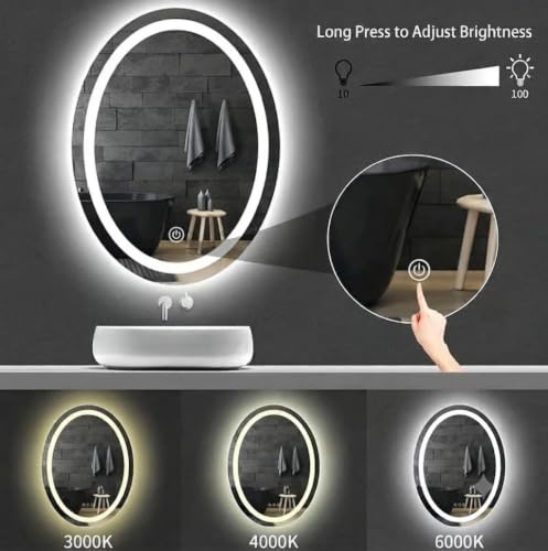 Image of 24 x 18 Inch Oval LED Bathroom Mirror | Touch Sensor, 3 Colour Dimmable Warm Neutral Daylight, Frameless, Lighted Wall Mirror, For Bathroom Bedroom