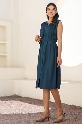 Image of Janasya Women's Rayon Solid A-line Dress