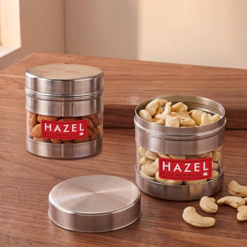 Image of HAZEL Stainless Steel Transparent See Through Container Set of 2, Silver, 350 ML Each