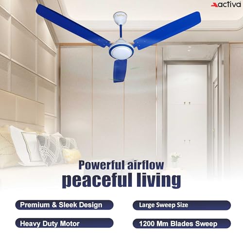 Image of ACTIVA 1200mm Ceiling Fan, High Speed 380 RPM Fan, Anti-Dust Coating, BEE Approved 1 Star Rating, Ceiling Fan for Home & Office, Blue