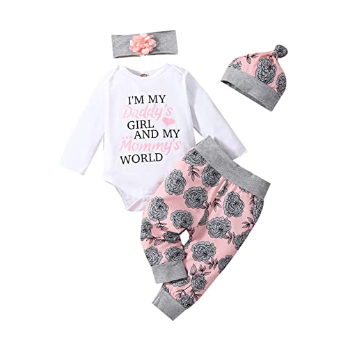 LYQTloml Newborn infants Baby Girl Clothes Outfits Romper Ruffle Long Sleeve Floral Pants Cute Baby Girl Clothes Spring Set 4PCS