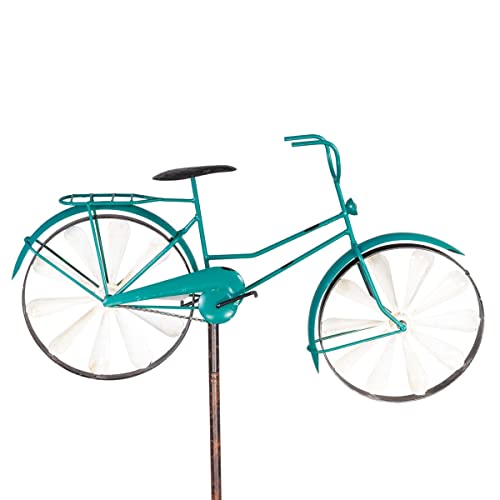 CIM Metall Gartenstecker mit Windrad - Bicycle Turquoise - Motivmaße: 51 x 32cm - Höhe: 160cm - wetterfest - mit Antik-Effekt – attraktive Gartendekoration