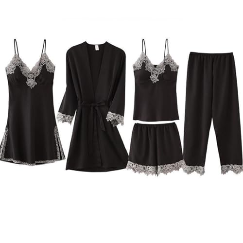 Pyjama en satin femme 5 pièces noir XL avec soutien-gorge