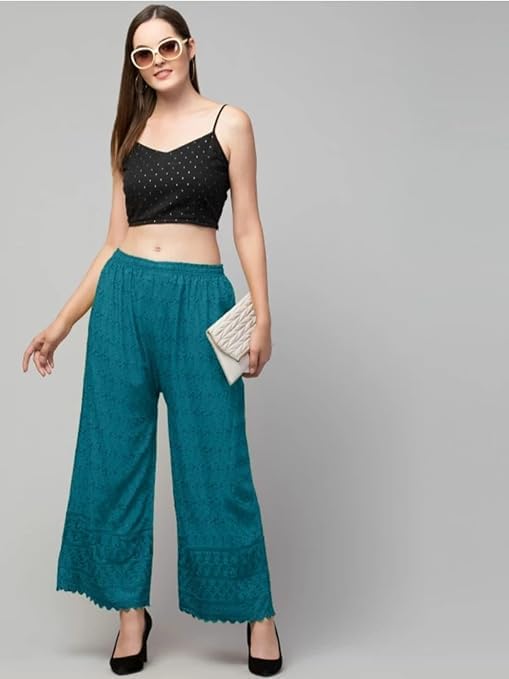 Image of Women's Palazzo Pants Rayon Trousers Chikankari Embroidered Lace Trim Wide Leg Straight Fit Flared Palazzo for Girls & Women