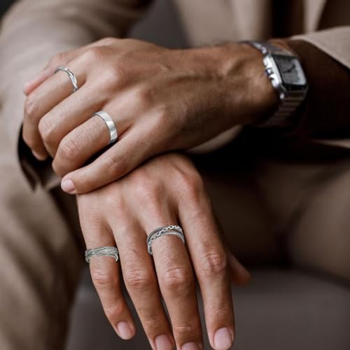 ARHZ 6 Stück Die Öffnung ist verstellbar Silber Ringe Herren, Ringe Herren Edelstahl Ringe Silber Matt Poliert Keltischer Knoten Vintage Ringe Herren Gravur