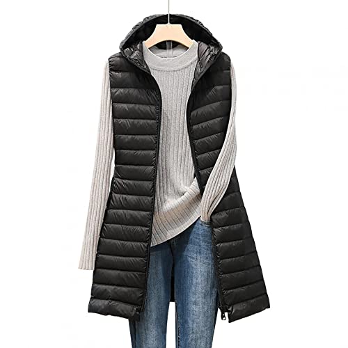 Women Winter Long Puffer Vest Jackets, Quilted Lined Fall Down Hooded Outerwear Vests Full-Zip Sleeveless Puffer Coat, B02-Black #TOP8