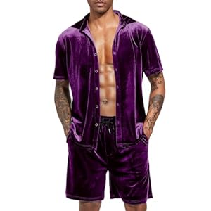 LecGee Men Summer Casual Short Sets Velvet Short Sleeve Button Down Shirt Elastic Waist Shorts 2 Piece Outfits Tracksuit