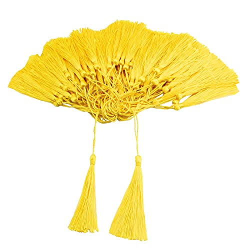 VAPKER 100 borlas suaves de color amarillo claro de 13 cm, hechas a mano, suaves y sedosas, con lazo de cordón de 2 pulgadas para hacer joyas, proyectos de bricolaje, marcadores