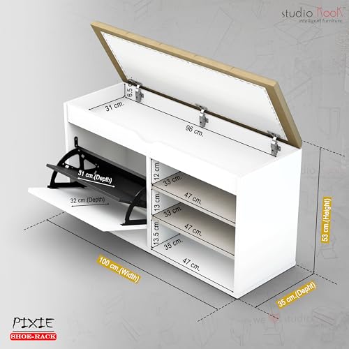 Image of Studio Kook Pixie Shoe Cabinet, Engineered Wood, 14 Pairs Capacity, Cushioned Top, Matte Finish (Moonshine White)