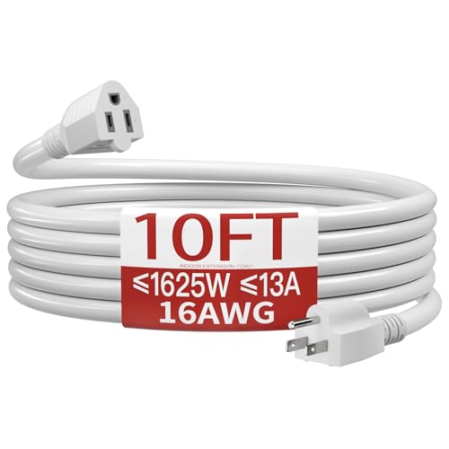 Image of 16 /3 Short Extension Cord 10 FT, White Extension Cord Flexible & Durable, Indoor 3 Prong Power Cable, Suitable for Home and Office, 13 Amp 1625 Watt 125VAC 16AWG, ETL Listed
