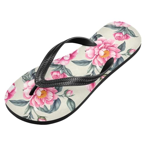 Sinestour Peony Leaves Beige Flip Flops for Beach Thong Sandals Anti-slip Lightweight Beach Slippers for Indoor Outdoor House2