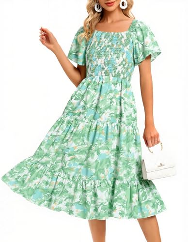 Image of Bbonlinedress Womens Casual Floral Summer Smocked Beach Party Boho Midi Square Neck Dress