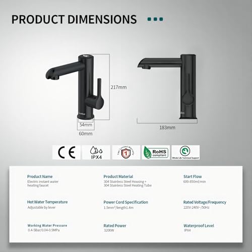Briwellna Elektrischer Wasserhahn aus Edelstahl, 220V Wasserhahn, Heißwasserhahn für das Badezimmer, Elektrisch Wasserhahn mit Digitalanzeige (Black)