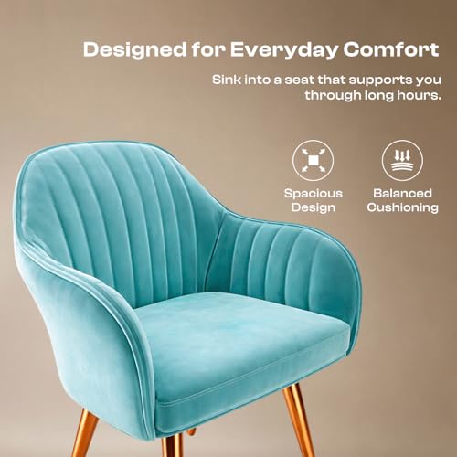 Image of Vergo Plush Velvet Dining Chair, Cushion Seat, Wooden Frame, Metal Legs, Premium Accent Chair for Living Room, Bedroom, Dining Room, Cafe & Restaurant (Set of 4, Turquoise)