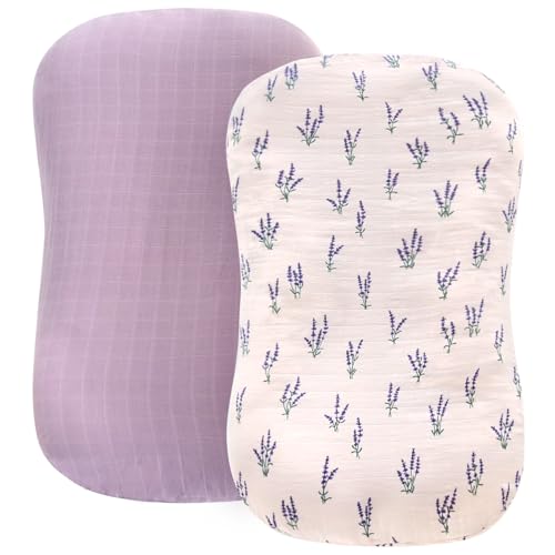 LifeTree Muslin Baby Lounger Cover, Newborn Slipcover Lounger Cover for Boys Girls Infant, Soft Organic Cotton, Cover Only, Lavender and Mauve Pattern, 30.7in x 20in