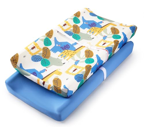 Image of Baby Changing Pad Cover, Changing Table Cover for Girls Boys, Ultra Soft Breathable, 2 Pack Animal Geometry & Blue