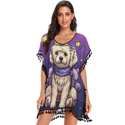 Doodle Art Cute Puppy Women's Beach Cover Up Chiffon Tassel Swimwear Swimsuit Coverups for Girl