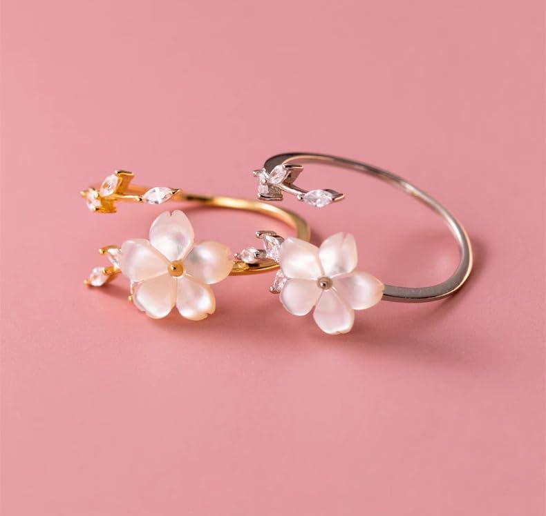 925 Sterling Silver Dainty Flower Ring for Women 14k Gold Plated Sparkling White Cubic Zirconia Leaf Ring for Mother Daughter Elegant Wedding Statement Jewelry Open Wrap Finger Band Christmas Gift 6