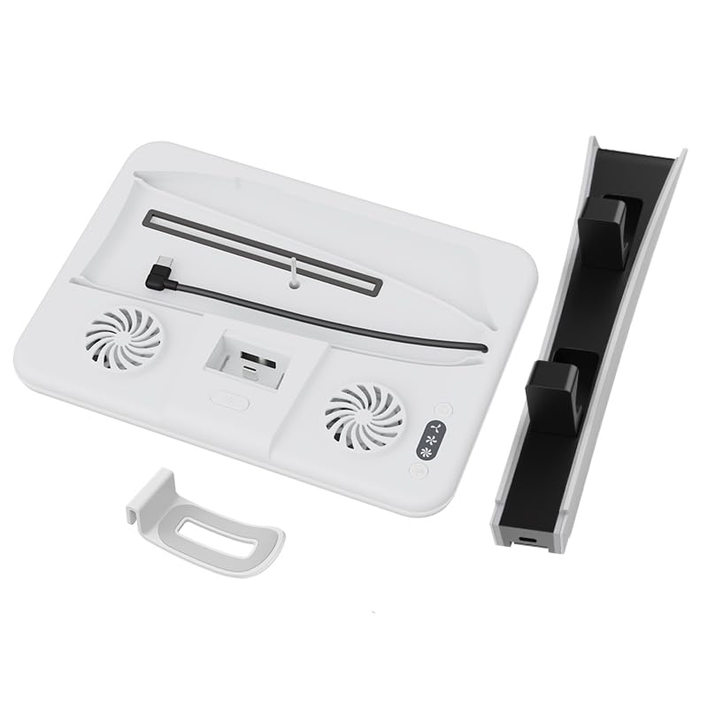 Generico Supporto verticale console per PS5 Slim, dock di raffreddamento con luce ambientale RGB Gamepad Caricatore a doppia docking con gancio per cuffie per PS5 Slim Host