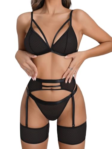 popiv Women's Sexy Lingerie Set with Garter Belt Matching Bra and Panty Lingeries Sets 4 Piece Black