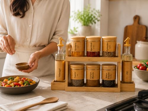 Image of Femora Kitchen Organizer Set | 6 Glass Spice Jars 450ml + 2 Oil Dispenser Bottles 320ml + 2-Tier Bamboo Rack | Airtight, Leak-Proof, Eco-Friendly