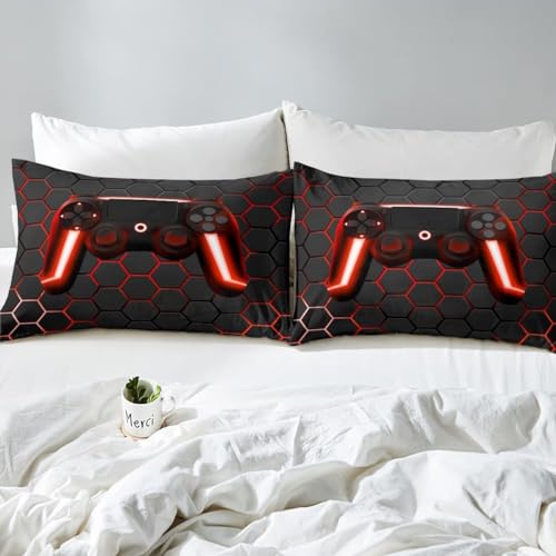 Kids Gaming Bedding Sets Geometric Gamepad Gamer Comforter Cover Honeycomb Hexagon Geometric Duvet Cover Set For Boys Gamer Room Decor Beehive Neon Lights Bedspreads Cover 3 Pieces Double - Image 4