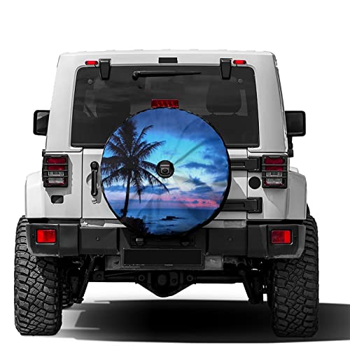 Foruidea Blue Palm Tree Sunset Spare Tire Cover with Backup Camera Hole Wheel Tire Cover Fit Trailer, RV, SUV and Many Vehicle 17inch