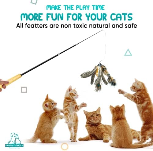 Pawfect Family® Interactive Cat Toy Set with Retractable Wooden Wand, Scalable Fishing Rod with 6 Feather toys for Kitten and Adult cats, Teaser Stick with 6 Refills for both indoor and outdoor cats