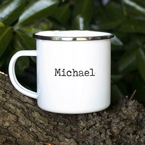eBuyGB Personalised Metal Enamel Mug with Custom Name, White 380 ml Laser Engraved Tin Tea Cup, Camping, Fishing, Outdoor Mug