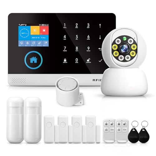 PG103 Sistema de Alarma de Seguridad para el hogar con cámara, Sistema de Alarma gsm de 8 Piezas con Alerta de aplicación de teléfono, Sirena, Compatible con Alexa, sin Cargos mensuales