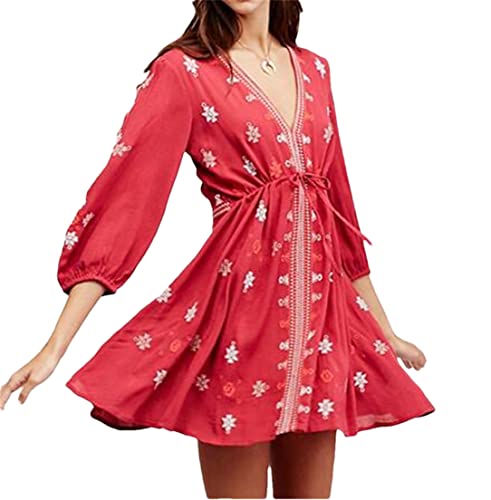 Robe courte bohème d'été à manches longues avec broderie rouge M