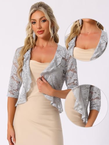 Image of Allegra K Lace Shrug for Women Bolero Tops Sheer Cardigan Open Front Half Sleeve Dressy Cover Up