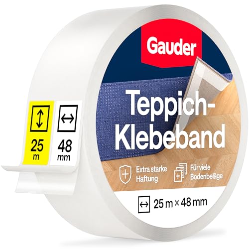 GAUDER Teppichklebeband doppelseitig extra stark - Teppichkleber für Bodenbeläge, Teppiche & Treppen - Klebepads, Fixierung & Verlegeband (25 m x 48 mm)