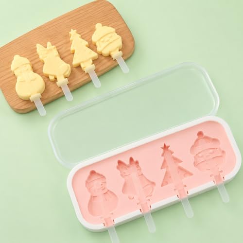Image of 4 Christmas Theme Cavity Non-Stick Silicone Ice Cream Mould with Lid & 6 Plastic Sticks Reusable Ice Lolly, Frozen Candy, Kulfi Molds, BPA-Free Stackable DIY Icecream Popsicle Maker (Multicolor)