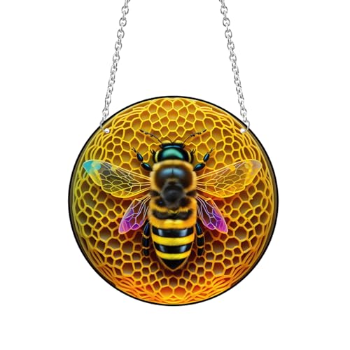 Bee Acrylic Window Hanging,Boneybee Stained Glass Window Hanging Decor Colorful Ornament,Stained Two-Sided Panel Hangings Decoration,Suncatcher for Garden Kitchen Living Room