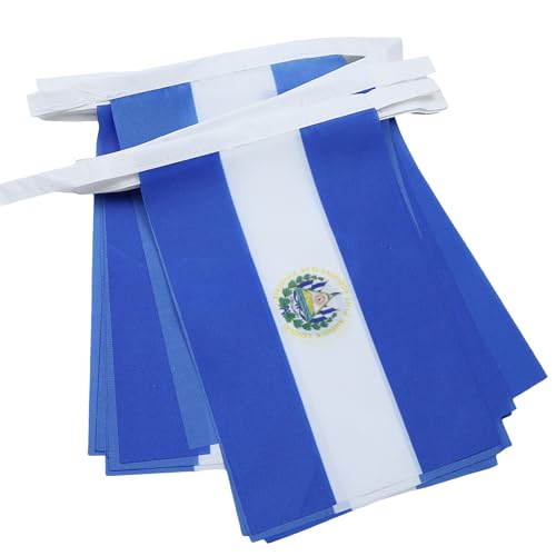 Image of AZ FLAG El Salvador 6 meters BUNTING Flag 20 flags 9'' x 6'' - Salavadorian STRING flags 15 x 21 cm