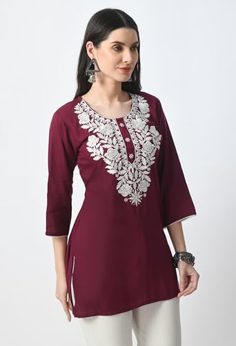 Image of LIBOZA Kurti for Women - Short Chikankari Kurtis for Girls, Lakhnawi Tunic Top Kurta Design for Ladies, Woman Ethnic Kurthis & Shirt with Sleeve