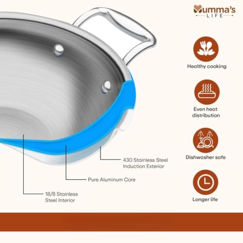 Image of Mumma's LIFE Kadai for Cooking Stainless Steel, 2.3L Triply Stainless Steel Kadai for Cooking with Lid, 22 cm Diameter, 2.5 mm Thick Heavy Bottom for Gas & Induction | Perfect for Deep Frying