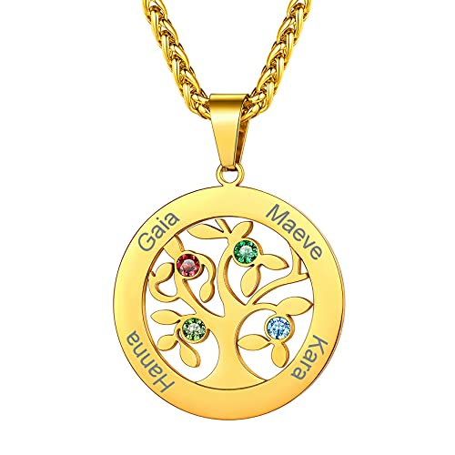 KeyStyle Custom Birthstone Name Necklaces for Family Personalized Gold Family Tree of Life Necklaces for Mom/Grandmother Family Necklace, with 4 Family Member Names Team Jewelry