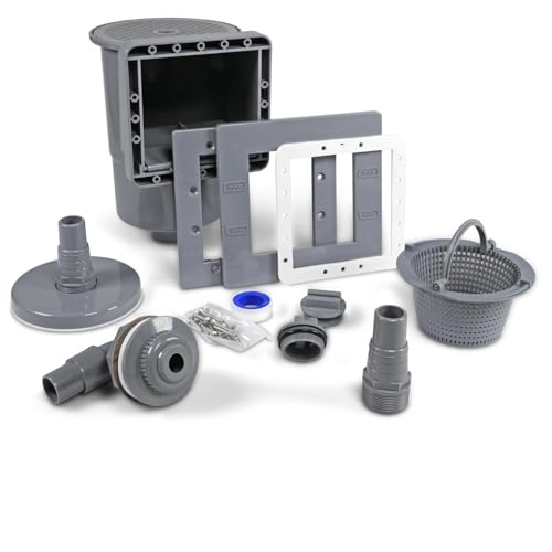 POOL Total Skimmer Set Grau für Stahlwandbecken - Einbauskimmer Komplett Set aus ABS Kunststoff mit Einlaufdüse Bodensaugeranschluss Winterstopfen Schmutzkorb und Zubehör inkl. Schlauch-Set