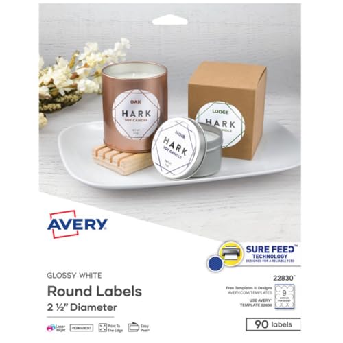 Avery Printable Round Labels, Sure Feed Technology, 2.5" Diameter, Glossy White, 90 Customizable Labels (22830)