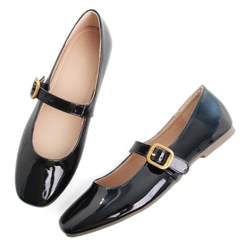 Image of TN TANGNEST Leather Flats for Women Retro Mary Jane Flats | Comfortable Square Toe Slip On Flats with Buckle Strap, Soft Work Flats Office Shoes