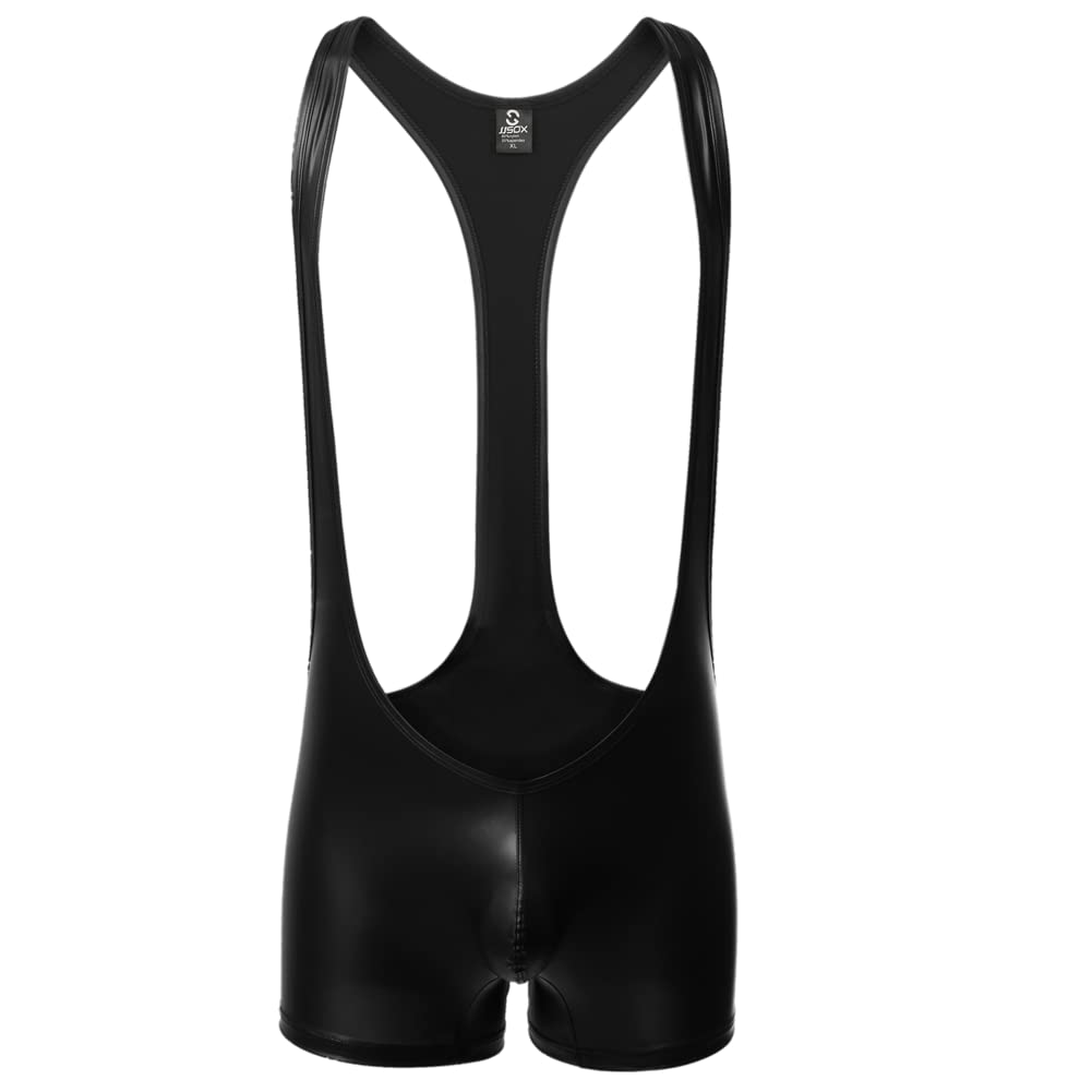 Juflam Men's Leather Leotard Underwear Jumpsuits Wrestling Singlet Bodysuit (Large, Black)
