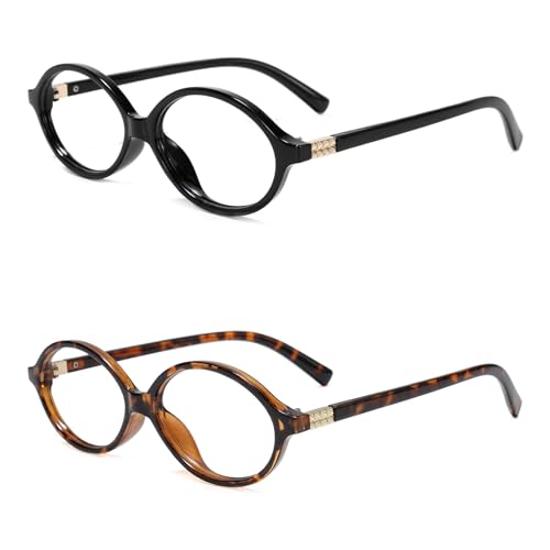 Image of Slocyclub 2 pack Fashion Oval Glasses for Women Men Vintage Oval Small Frame Eyeglasses Retro Blue Light Blocking Glasses, Black and Whiskey Tortoise