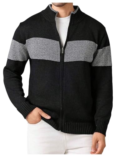 SHENHE Men's Cardigan Full Zip Up Color Block Mock Neck Sweater Thick Soft Cardigan
